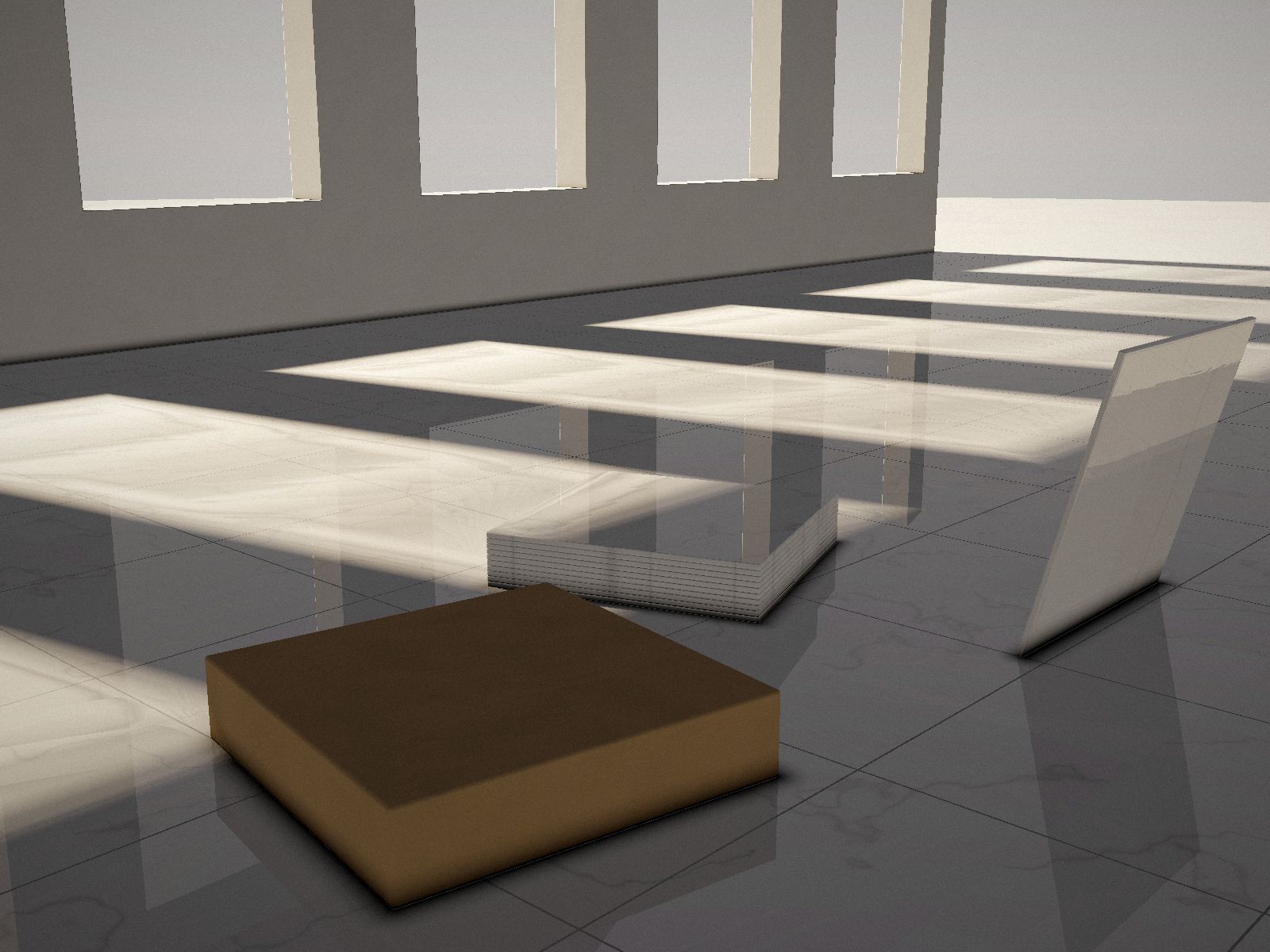 Piezas de porcelanato y una caja sobre un piso terminado