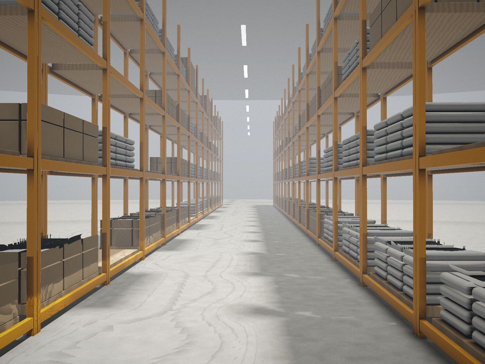 Pasillo de almacén con racks de materiales de construcción