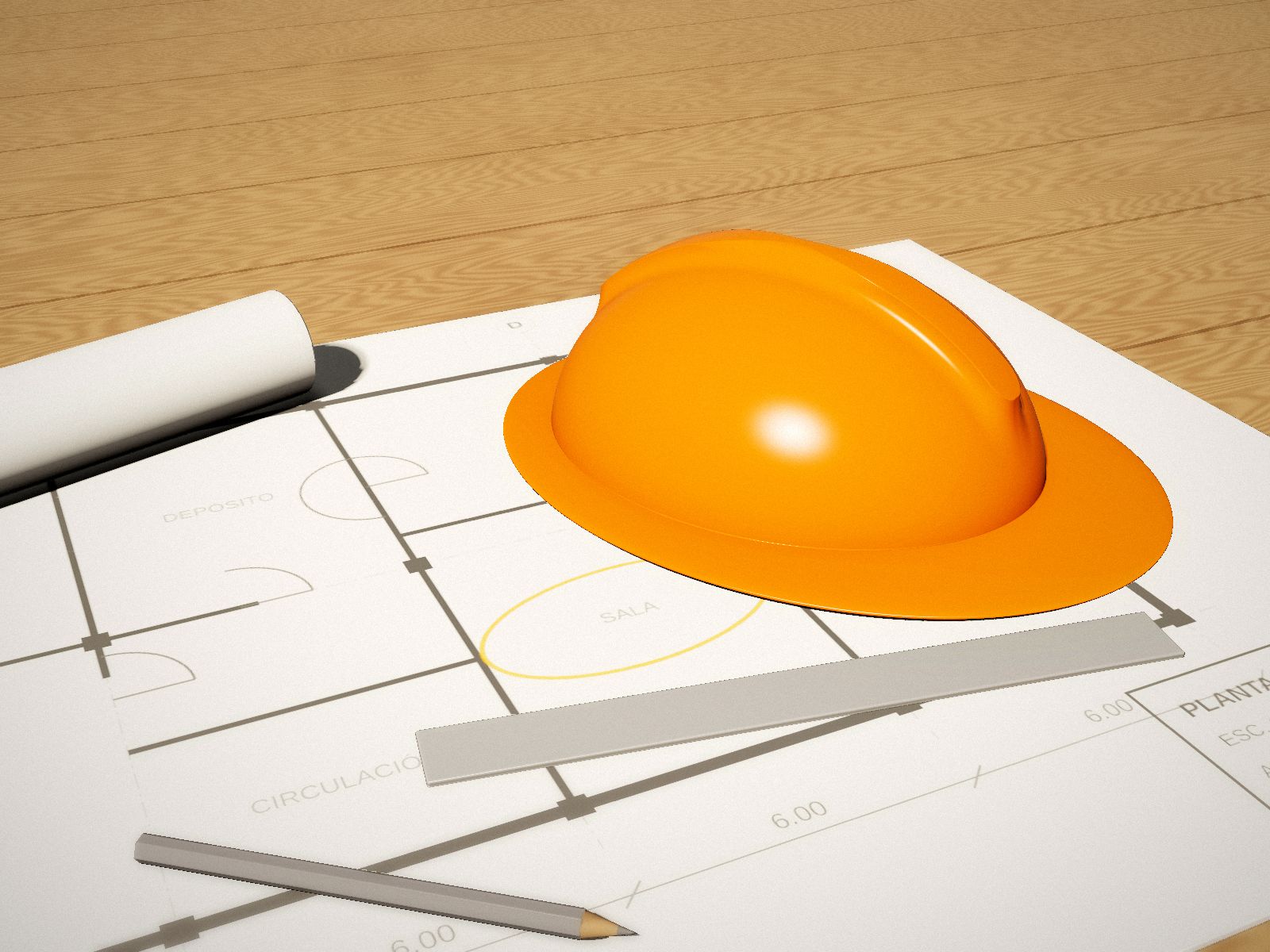 Casco de seguridad naranja sobre planos de obra