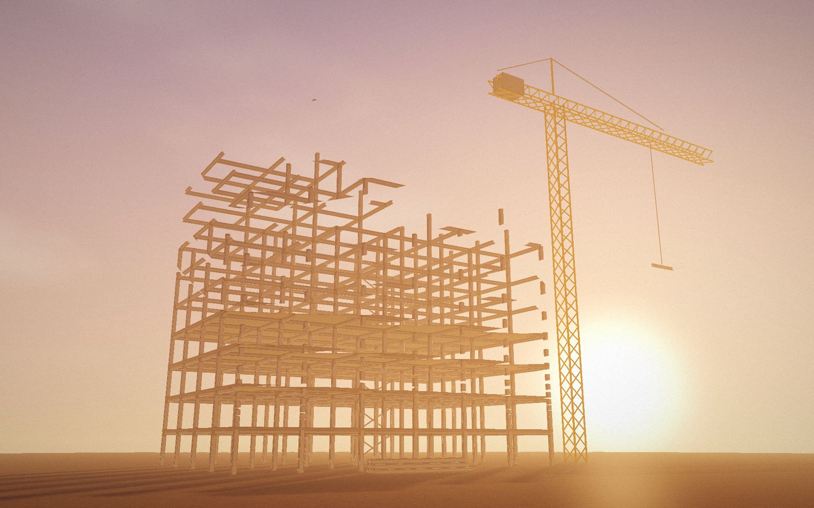 Grúa torre junto a una estructura en construcción al atardecer